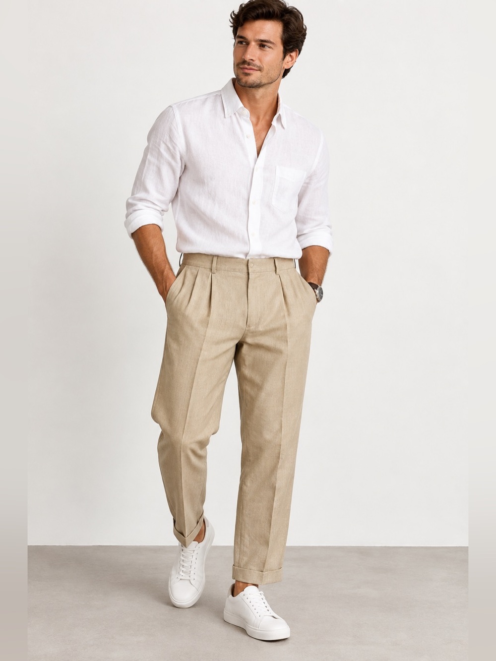 Polo Ralph Lauren Linen Cotton Pleated Cuffed Pants Beige Khaki Preppy Resort